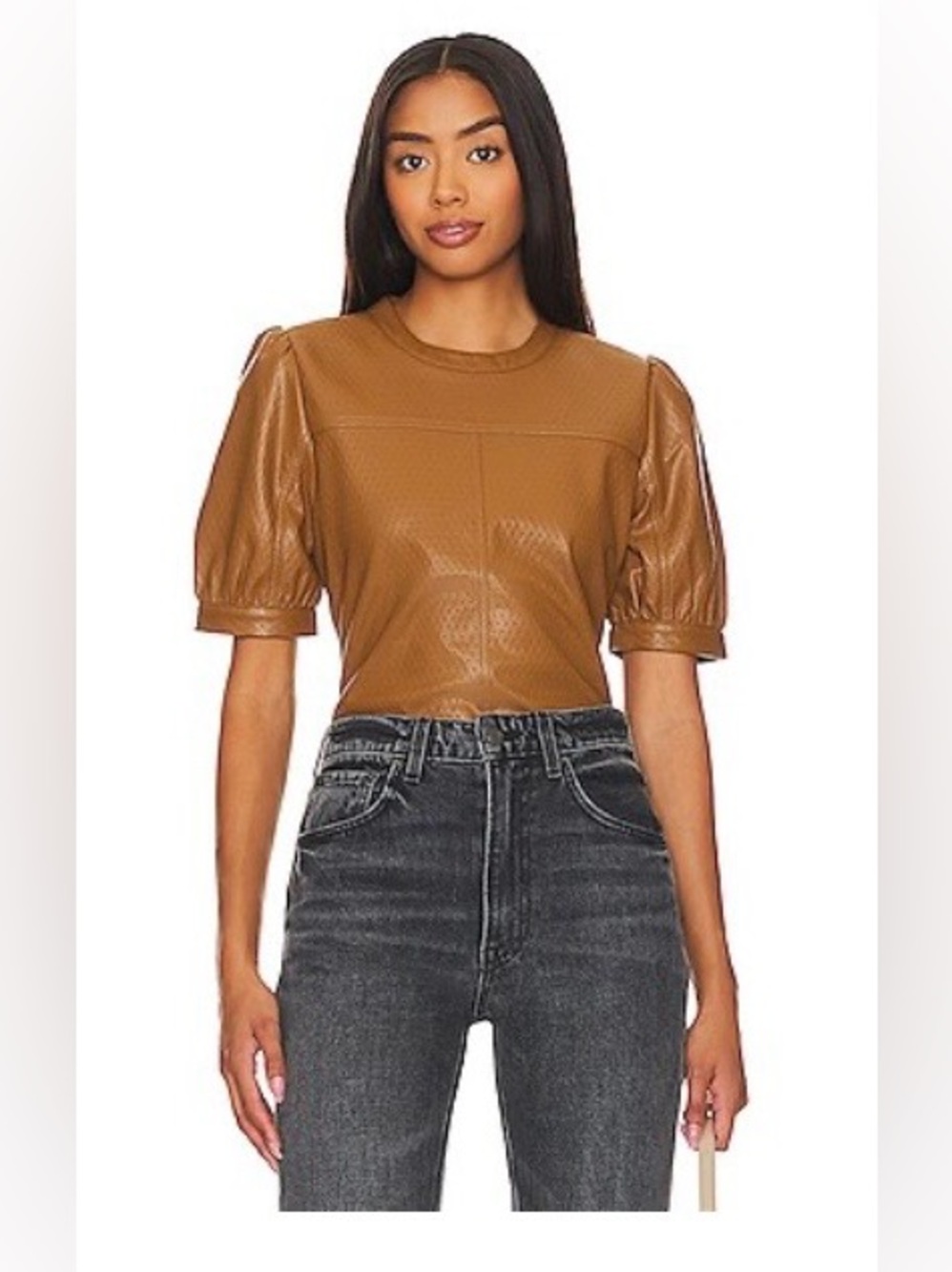 Steve Madden Miller Leather Top Tan Puff Sleeve Faux Leather Blouse XS